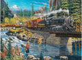 A 1000-piece puzzle depicting a steam locomotive crossing a river with surrounding mountains and two people fishing.
