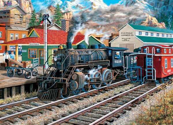 A 1000-piece puzzle depicting a vintage railway station with a steam locomotive and surrounding buildings.