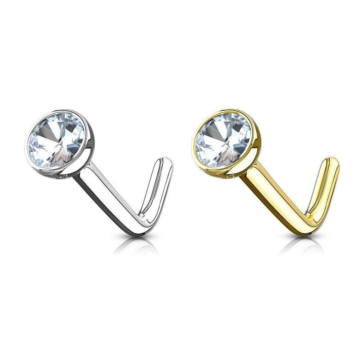 14kt Gold Bezel Gem Nose L Bend 20G 18G-My Body Piercing Jewellery