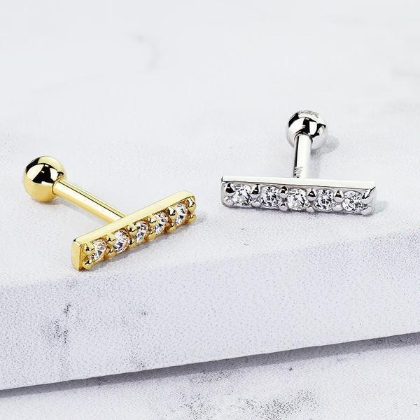 14kt Gold Gem Row Cartilage Bar 16G 6mm-My Body Piercing Jewellery