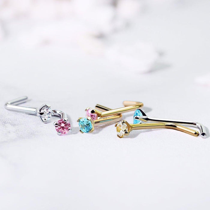 14kt Gold Prong Gem Nose L Bend 20G 18G-My Body Piercing Jewellery