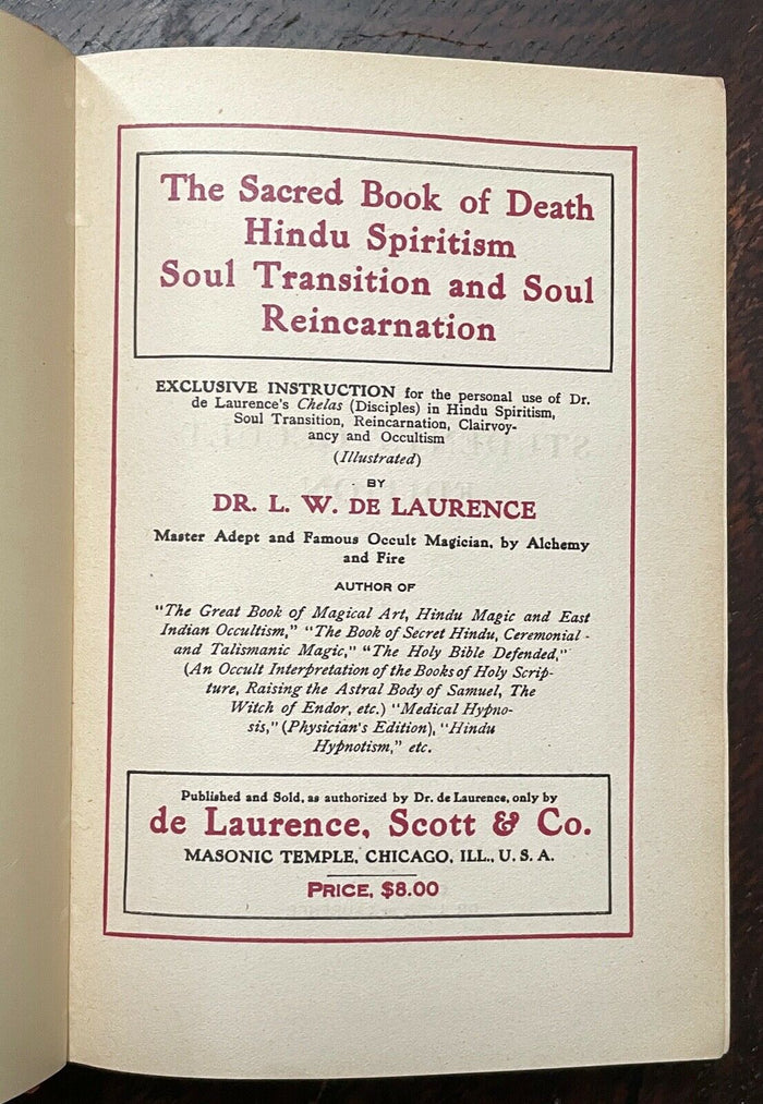 1907 SACRED BOOK OF DEATH SPIRITISM SOUL REINCARNATION - LW de Laurence OCCULT