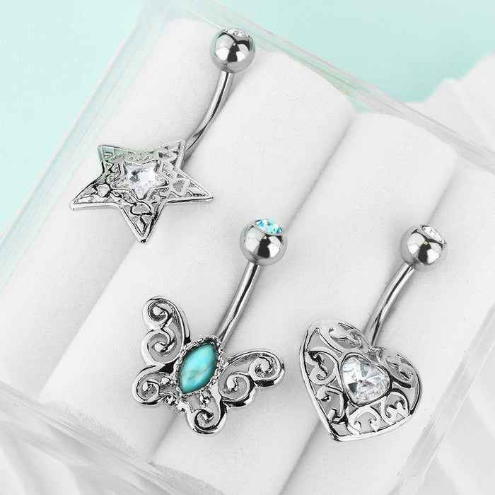 3pc Star Heart Butterfly Belly Bars 14G-My Body Piercing Jewellery