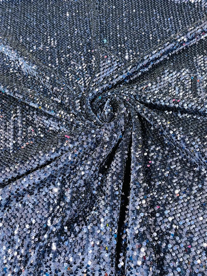 58/60" Velvet Sequins Stretch Fabric - Navy Blue - Velvet Sequins 2 Way Stretch Sold By Yard