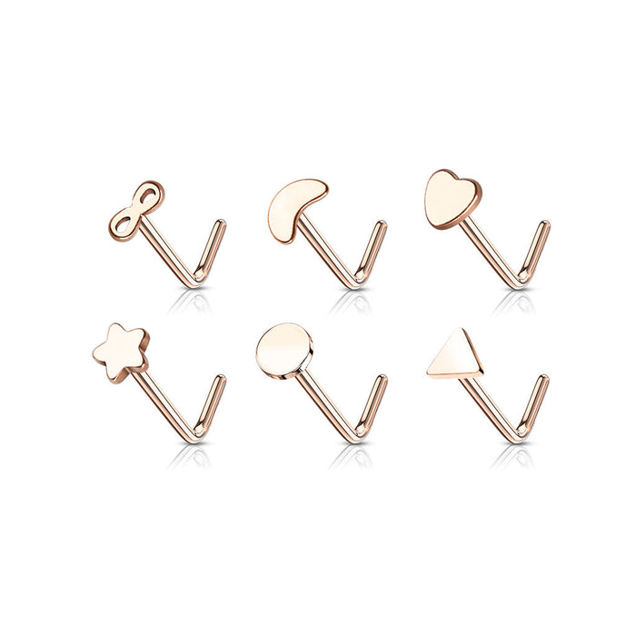 6pc Rose Gold refined 20G L bend nose stud set with clear retainer – MBPJ