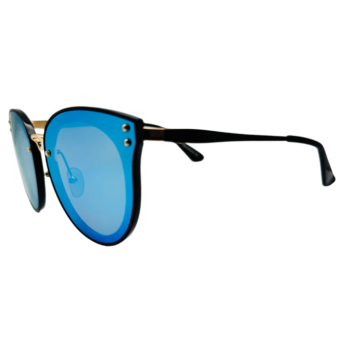 Sunglasses with blue lenses and black frames on a white background