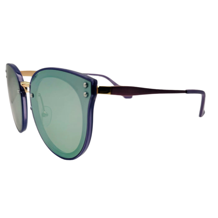 Sunglasses with purple frame and green lenses on a light gray background