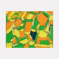 The artwork "Aligning" features an abstract composition of bold, textured blocks in vibrant orange, green, yellow, and a touch of dark blue, arranged in an energetic and dynamic pattern. The thick paint application creates a rough surface with visible brushstrokes, conveying movement and balance. By Genevieve Antonello.