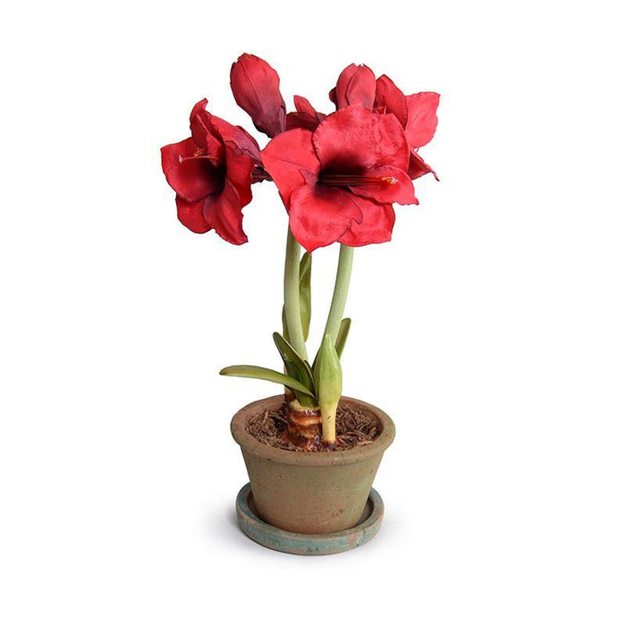 Realistic Wholesale Faux Amaryllis Plant Red Flowers in Terracotta Pot Indoor 22 Inches Tall - New Growth Designs