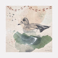 The artwork "American Wigeon, Dabbling with Pizazz" features a detailed side profile of a dabbling duck rendered in soft earthy tones with watercolor textures and abstract brush strokes in green, beige, and gray. The piece blends naturalistic detail with artistic splashes and patterns. By Alicia Hauff.