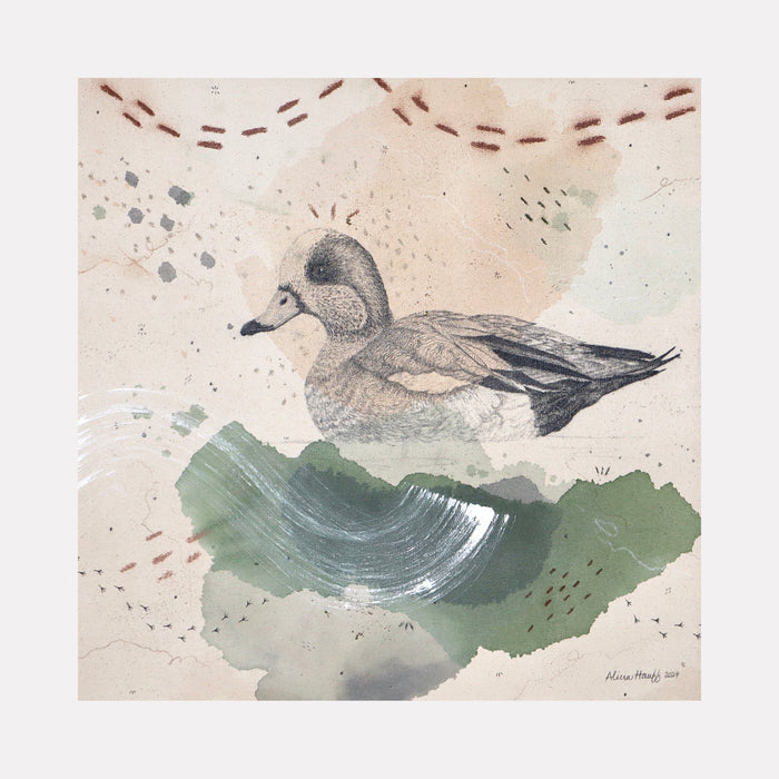 The artwork "American Wigeon, Dabbling with Pizazz" features a detailed side profile of a dabbling duck rendered in soft earthy tones with watercolor textures and abstract brush strokes in green, beige, and gray. The piece blends naturalistic detail with artistic splashes and patterns. By Alicia Hauff.