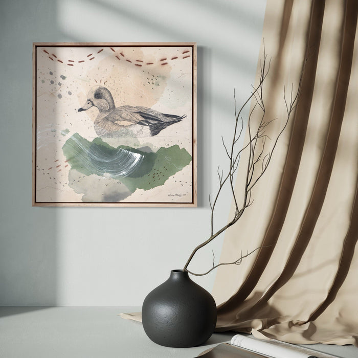 The artwork, American Wigeon, Dabbling with Pizazz, by Alicia Hauff, displayed in a room.
