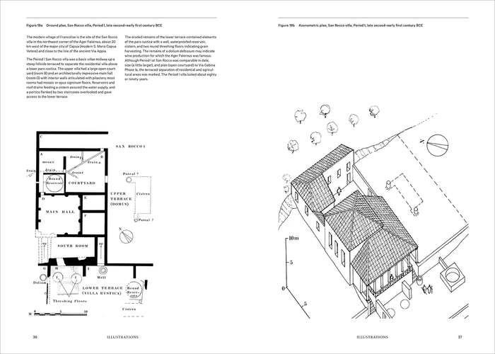 Inside pages of 'Ancient Roman Villas: The Essential Sourcebook' with floorplan illustrations.