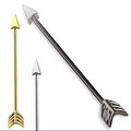 Three arrow-shaped industrial bars in gold, silver, and black on a white background