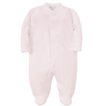 plain pink knit footie with white picot trim down the snap front