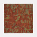 The artwork "Birthstone" features an abstract composition with overlapping, irregular shapes in rich earthy tones of rust and muted green. The textured surface creates a layered effect with broad, sweeping brushstrokes and translucent washes, evoking a natural, organic feel. Created by Marlene Struss.