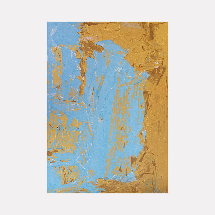 The artwork "Blue Mine" features abstract textured layers with dominant blue and gold hues, showcasing rough, organic shapes and strokes that create depth and contrast. The composition highlights a dynamic interplay of smooth and coarse textures, evoking a mined or natural mineral aesthetic. By Amy Turner.
