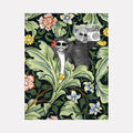 The artwork "Boombox #2" by Theresa Gooby features two individuals in grayscale with one holding a retro boombox, set against a vibrant, richly textured floral background with large green leaves and colorful flowers in shades of orange, yellow, and white. The style combines vintage photography with bold botanical illustration.