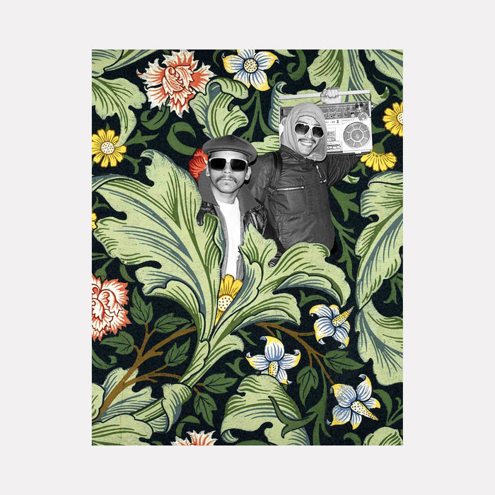 The artwork "Boombox #2" by Theresa Gooby features two individuals in grayscale with one holding a retro boombox, set against a vibrant, richly textured floral background with large green leaves and colorful flowers in shades of orange, yellow, and white. The style combines vintage photography with bold botanical illustration.