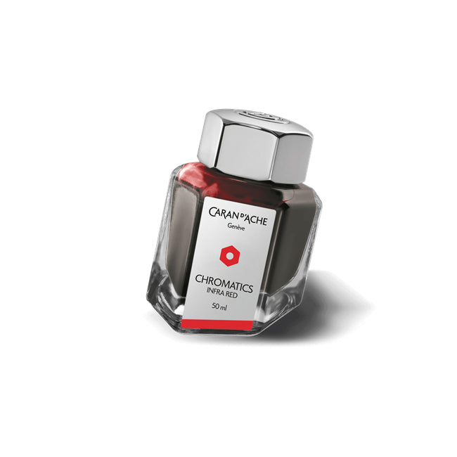 A bottle of Caran d'Ache Cosmic Infra Red Ink with a capacity indicator of 50 ml. The bottle is transparent, revealing the red ink inside, and has the brand's logo and 'Cosmic' text on it.