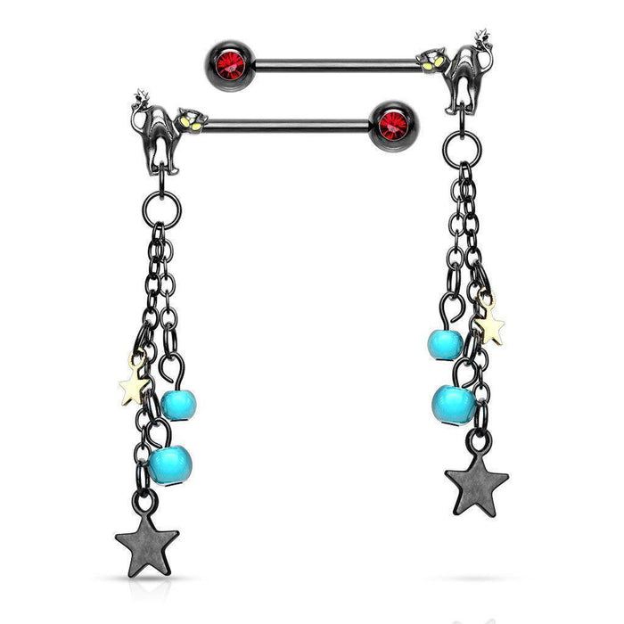 Cat and Stars Nipple Dangle PAIR 14G-My Body Piercing Jewellery