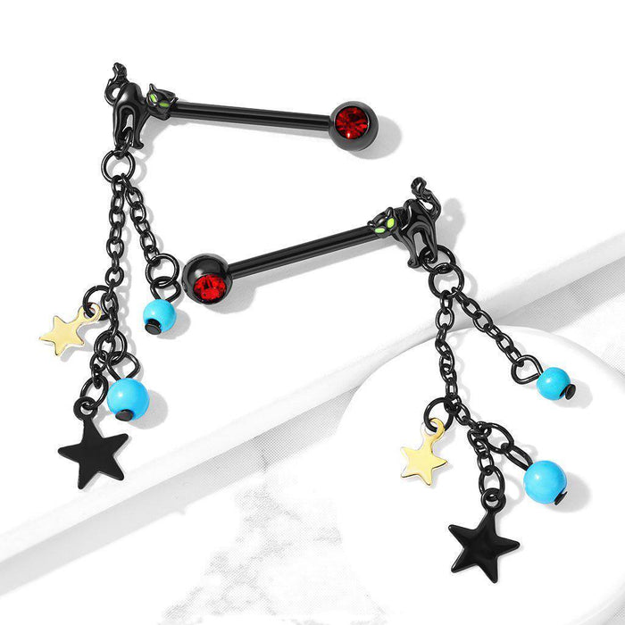Cat and Stars Nipple Dangle PAIR 14G-My Body Piercing Jewellery