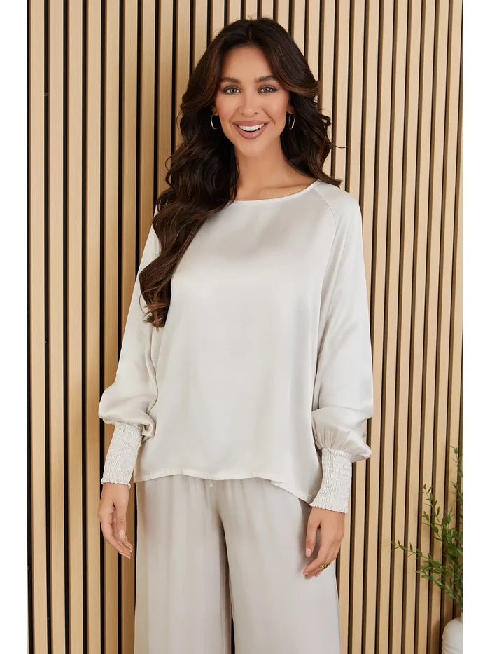 Chalk Viscose LS w/ Smocked Cuff