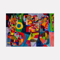 The artwork "Color my beauty" features an abstract composition of geometric shapes and vibrant colors including red, blue, yellow, green, and orange, arranged in a dynamic, textured pattern with overlapping forms that create a sense of depth and movement. The style is modern and expressive by Jennifer Levine.