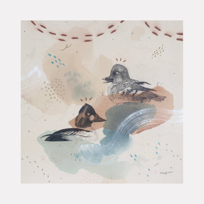 The artwork "Common Goldeneye, the Bond of Ducks" by Alicia Hauff features two stylized ducks with intricate patterns and soft, muted colors including beige, brown, gray, and blue. The texture appears layered with brush strokes, abstract shapes, and subtle dotted details creating a harmonious and delicate composition. Alicia Hauff.