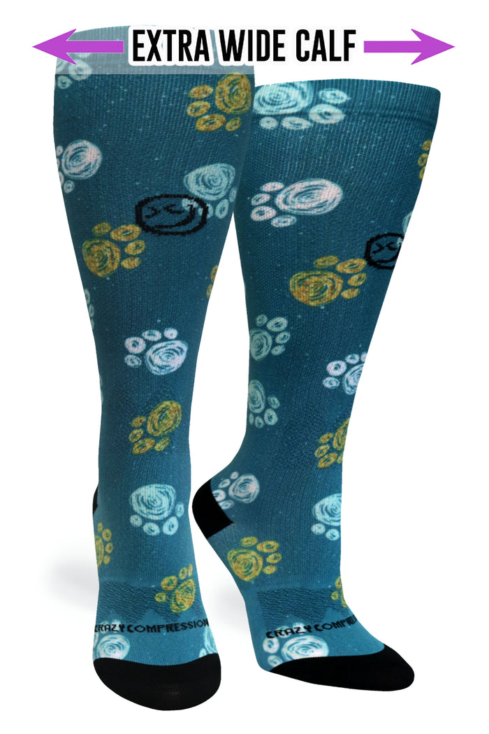 Crazy Compression Socks - Best Frens Paw Prints Dk Teal  (Standard & Extra Wide)