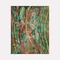 The artwork "Curtains" by Marlene Struss features an abstract design with flowing vertical stripes in earthy tones of brown, green, and teal. The texture appears layered with transparent washes and drips, creating a sense of depth and movement. The organic shapes and watercolor-like effect give it a natural, fluid feel. Vendor: Marlene Struss.