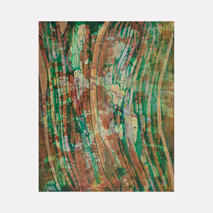 The artwork "Curtains" by Marlene Struss features an abstract design with flowing vertical stripes in earthy tones of brown, green, and teal. The texture appears layered with transparent washes and drips, creating a sense of depth and movement. The organic shapes and watercolor-like effect give it a natural, fluid feel. Vendor: Marlene Struss.