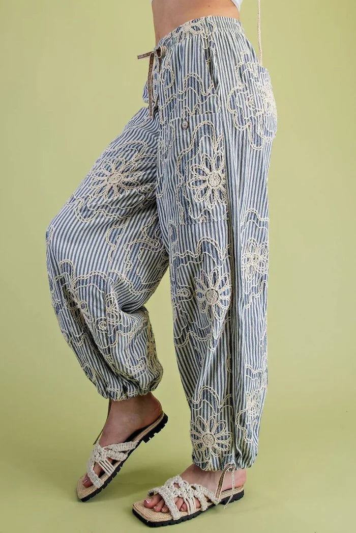 Denim Blue Embroidery Striped Woven Pants — Easel, view 2