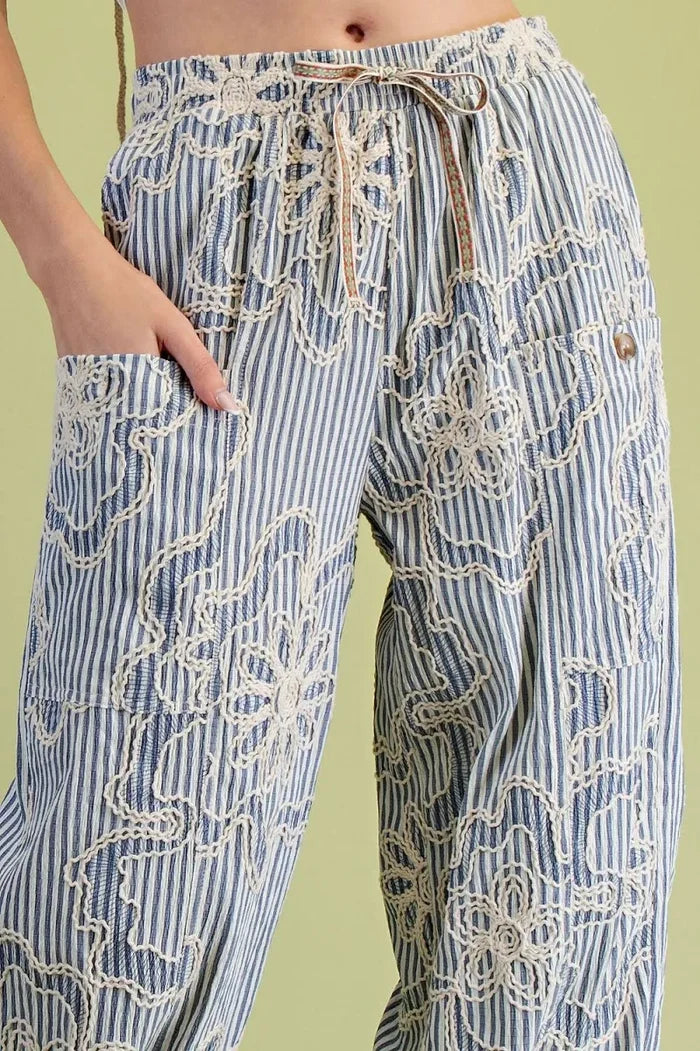 Denim Blue Embroidery Striped Woven Pants — Easel, view 3