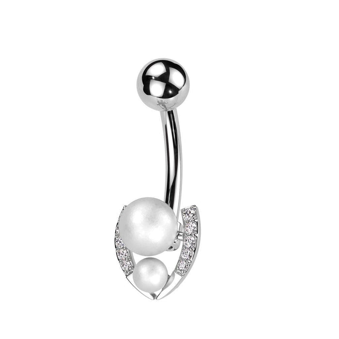Double Pearl Belly Bar 14G-My Body Piercing Jewellery