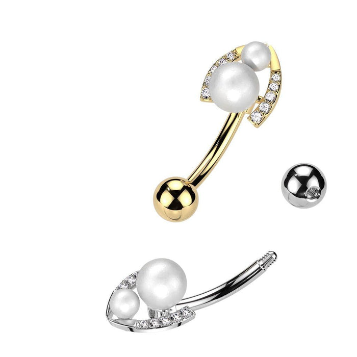 Double Pearl Belly Bar 14G-My Body Piercing Jewellery