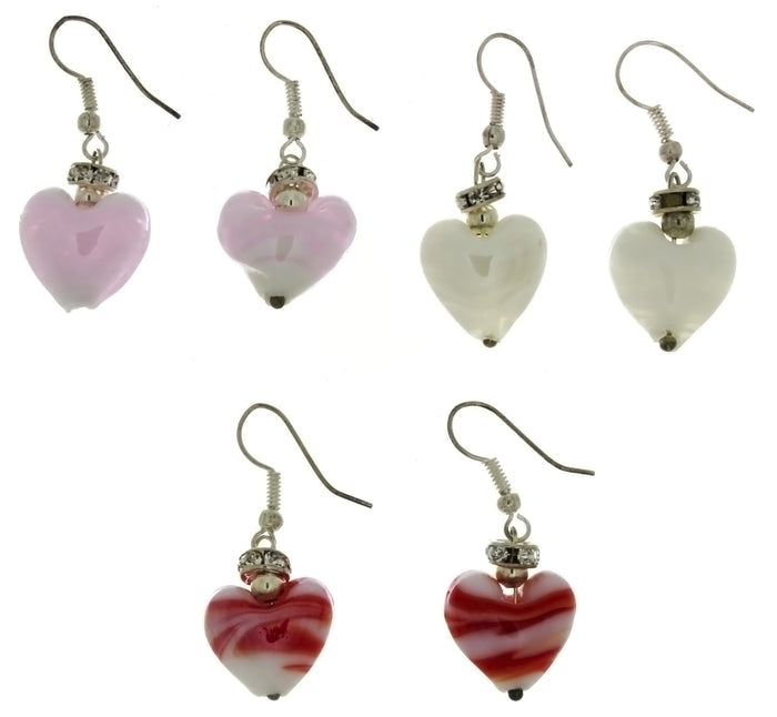 DROP LAMP GLASS HEART EARRINGS (3 PR)