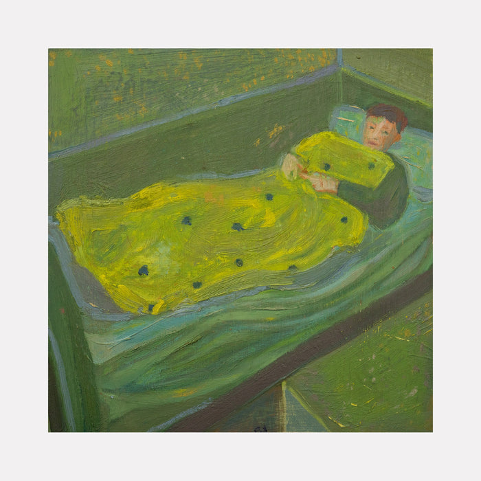The artwork "Emma napping in their studio" depicts a person lying on a bed covered with a textured yellow blanket featuring dark spots, set against a predominantly green background with visible brushstrokes and an impressionistic style. The figure's face shows a calm expression, with soft lighting enhancing the cozy atmosphere. By Chelsie Sunde.