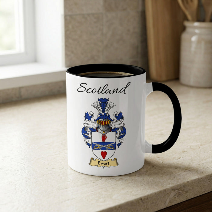 Ewart Scottish family crest accent mug with Scotland lettering and coat of arms artwork