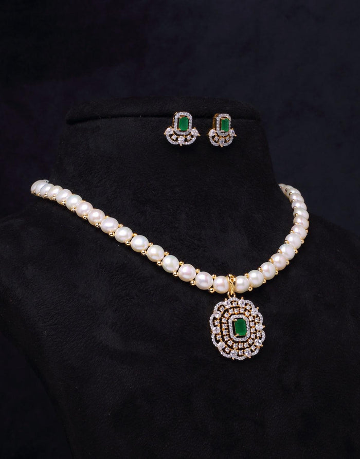 Exquisite Combination of Freshwater Button Pearl Set, With Cz Semi Precious Stone