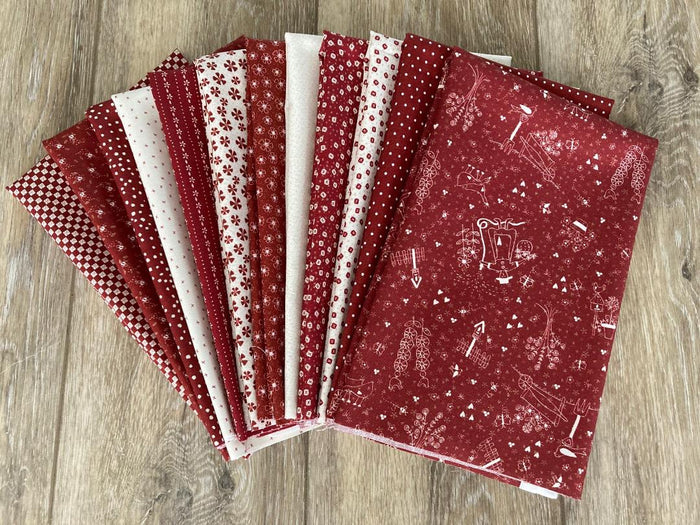 Fat 1/4 Bundle - The Colour of Love (12 pcs) - red and cream cotton, geometrics and one with gardening artwork