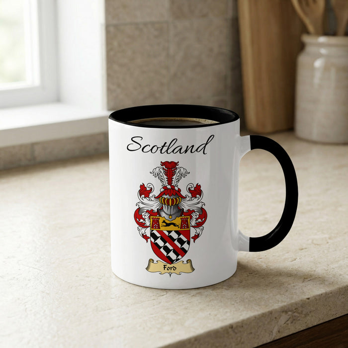 Ford Scottish family crest accent mug with Scotland lettering and coat of arms artwork