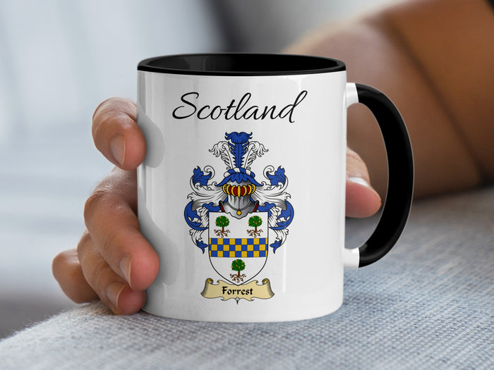 Forrest Scottish family crest accent mug with Scotland above the coat of arms design