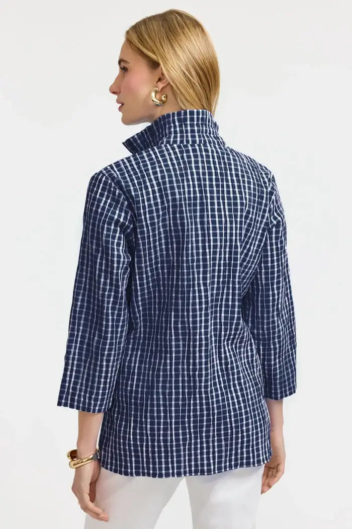Back View of the Foxcroft Carolina Crinkle Shirt Jacket in Navy and White.