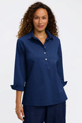 Foxcroft Therese Stretch 3/4 Sleeve Popover Shirt in Navy - Mildred Hoit