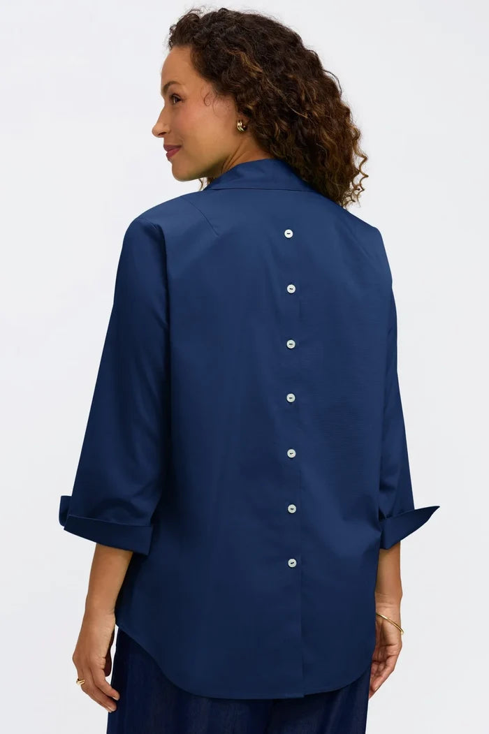 Foxcroft Therese Stretch 3/4 Sleeve Popover Shirt in Navy - Mildred Hoit