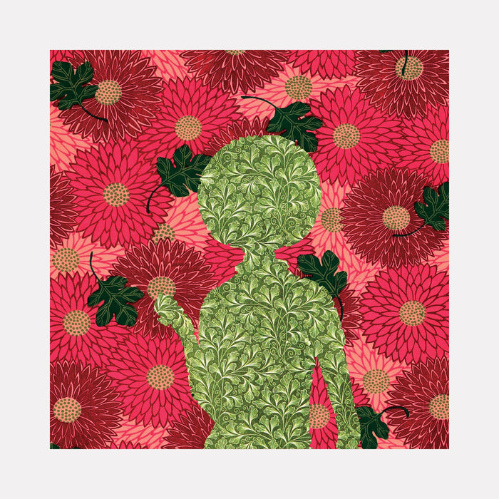 The artwork "Fuschia Fuzz" by Theresa Gooby features a textured green silhouette filled with intricate leaf patterns set against a vibrant background of densely packed fuchsia and red flowers with yellow centers and dark green leaves, creating a bold contrast and rich botanical theme. Theresa Gooby