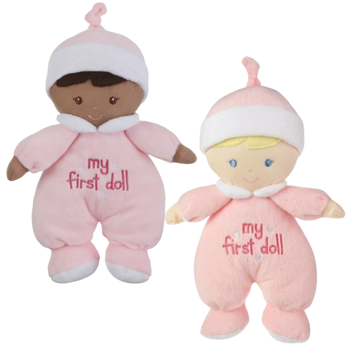 Two plush dolls in pink outfits with 'my first doll' text on a white background.