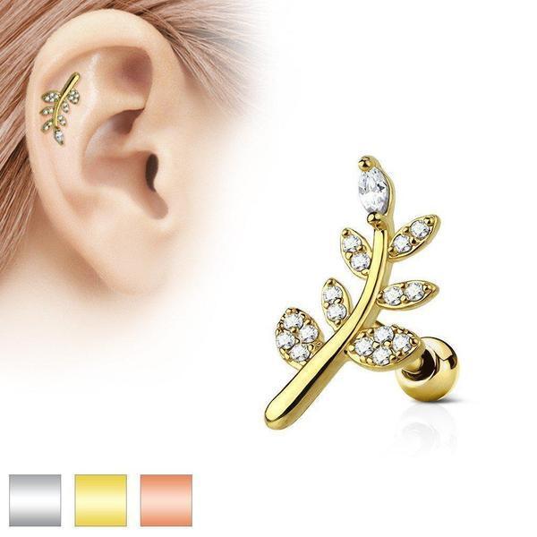 Gem Paved Leaf Cartilage Bar 16G-My Body Piercing Jewellery
