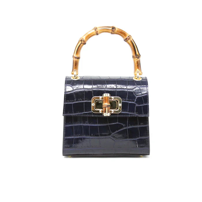 Genuine Italian Leather Bamboo Handle Bag in Navy - Mildred Hoit